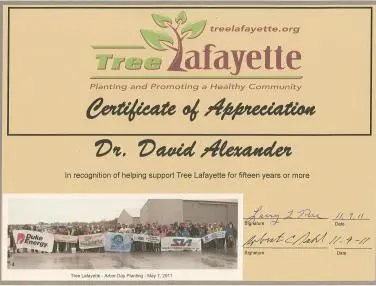 Tree Lafayette certificate of appreciation